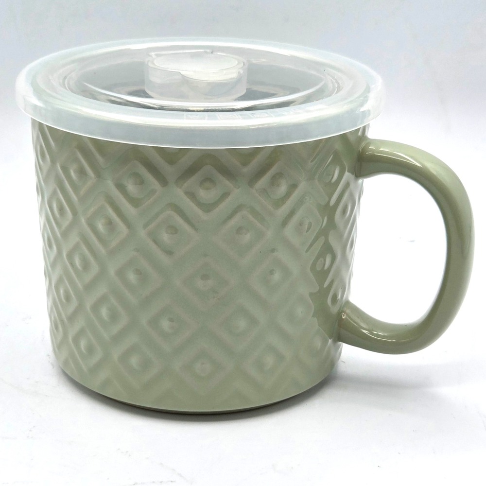 Crofton Sage Green Stoneware Soup Mug with Vented Lid Diamond Lattice Pattern